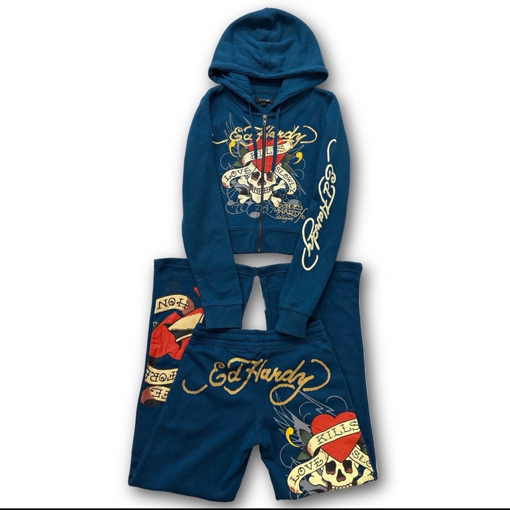 Ed Hardy Teal Blue Hoodie & Jogger Set with Tattoo Graphic Accents
